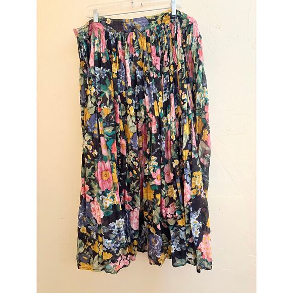 Vintage Intense India Floral Pleated Boho Skirt L 100% Cotton Drawstring - Picture 5 of 6